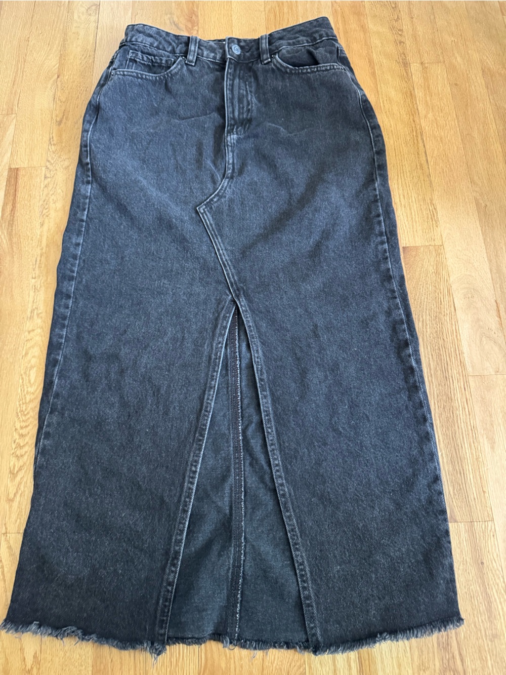 Dynamite Washed Black Denim Maxi Skirt with Frayed Hem